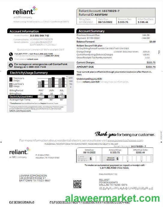 USA RELIANT utility bill Word and PDF template